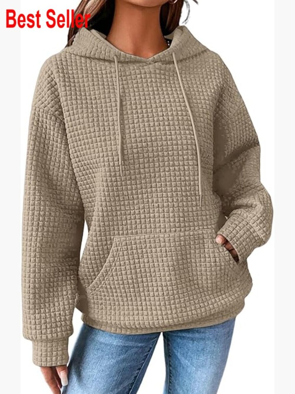 Casual Drawstring Waffle Pullover Hooded Sweatshirt with Pocket